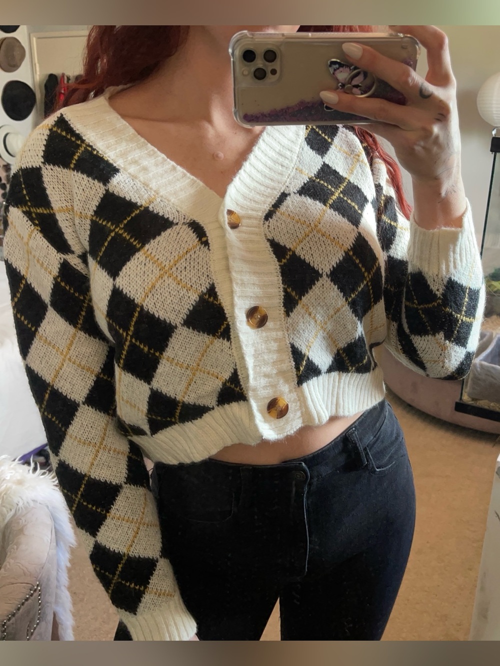 SHEIN Cream and Black Sweater with Black & Gold Knit Detail Size S -